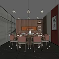 Elegant Private Dining Room Featuring Round Table Red Chairs Landscape Pattern Walls And Artwork 3d model