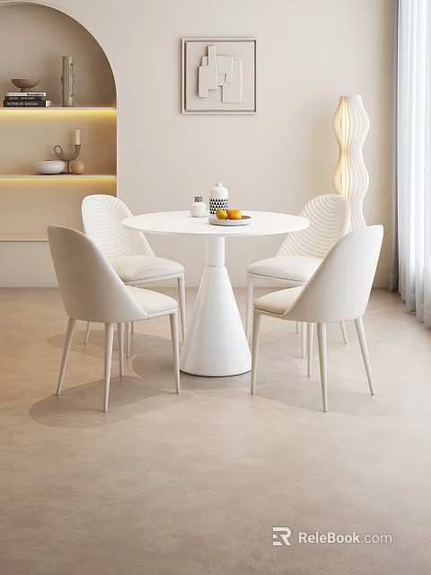 Modern Minimalist Dining Room Interior Design With White Round Table And White Chairs 3d model 