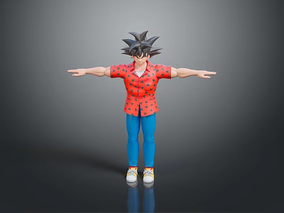 Anime Character Figure With Black Spiky Hair Red Shirt Blue Pants And Sneakers Arms Outstretched 3d model