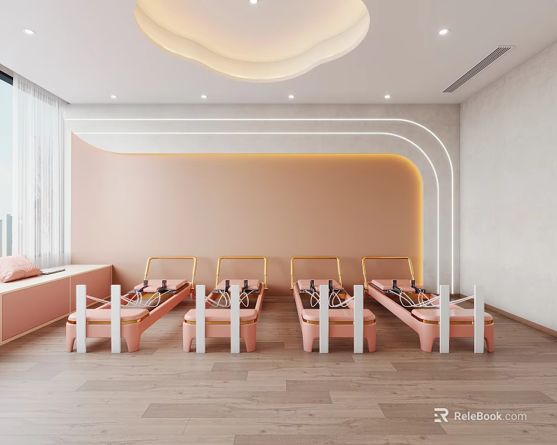 Modern Bright Fitness Studio With Pink Interior And Pilates Reformers 3d model 