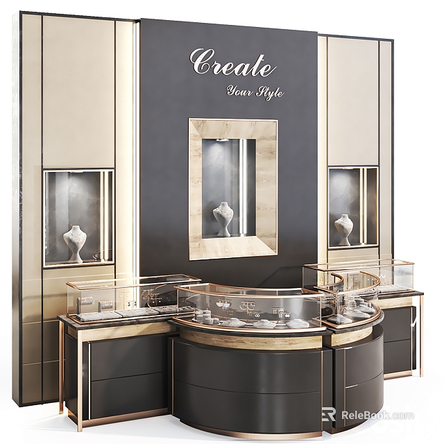 Elegant Shopping Mall Jewelry Counter With Glass Display Cases And Mirror Design For Stylish Jewelry 3d model 