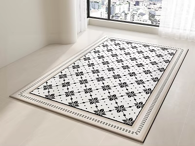 Square Carpet With Black And White Floral Pattern Border In Bright Room With City View 3d model
