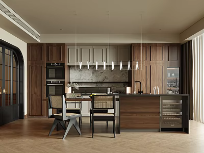 Modern Restaurant Open Kitchen Design With Wooden Cabinets Marble Countertop And Pendant Lights 3d model