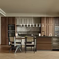 Modern Restaurant Open Kitchen Design With Wooden Cabinets Marble Countertop And Pendant Lights