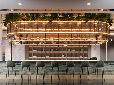 Elegant Hotel Lobby Interior With Chandelier Bar Counter Greenery High Stools And Marble Design 3d model