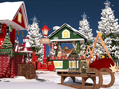 Festive Christmas Village With Green Cottage Red Buildings Snowy Trees Wooden Sled And Decorations 3d model