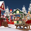 Festive Christmas Village With Green Cottage Red Buildings Snowy Trees Wooden Sled And Decorations 3d model