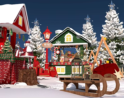 Festive Christmas Village With Green Cottage Red Buildings Snowy Trees Wooden Sled And Decorations 3d model