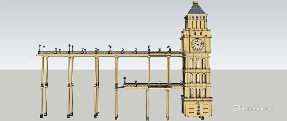 Yellow Clock Tower Architectural Design with Black Steeple and Columns Supporting Platform 3d model 
