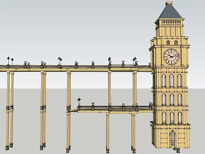 Yellow Clock Tower Architectural Design with Black Steeple and Columns Supporting Platform 3d model