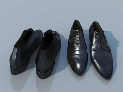 Black Leather Footwear Display With Loafers And Lace Up Shoes On Gray Surface 3d model
