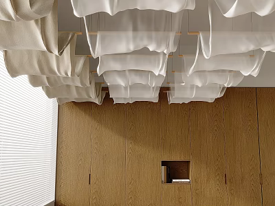White Fabric Like Hanging Structures From Ceiling Over Wooden Wall With Square Opening And Blinds 3d model