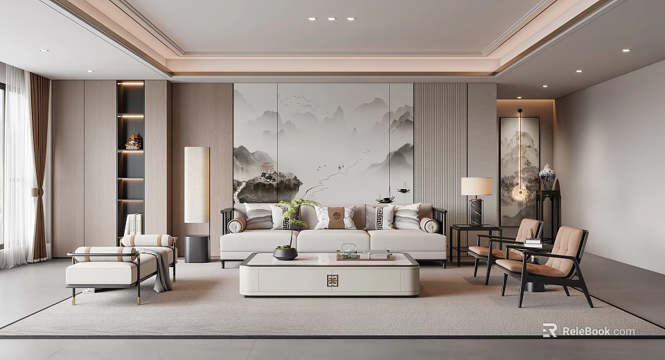 Chinese Modern Living Room With Mountain Painting Backdrop And Beige Sofa 3d model 