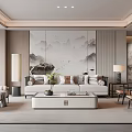 Chinese Modern Living Room With Mountain Painting Backdrop And Beige Sofa