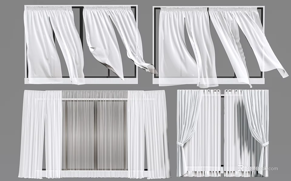 White Curtains Hanging On Windows With Various Designs And Styles 3d model
