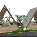 Garden Landscape with Triangular Tent Like Structures Glass Walls Gravel Path and Decorative Lights