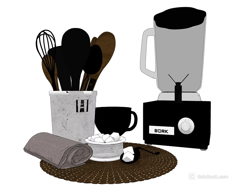 Daily Use Electrical Appliances Blender With Kitchen Utensils Mug Bowl On Woven Mat 3d model 