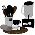 Daily Use Electrical Appliances Blender With Kitchen Utensils Mug Bowl On Woven Mat