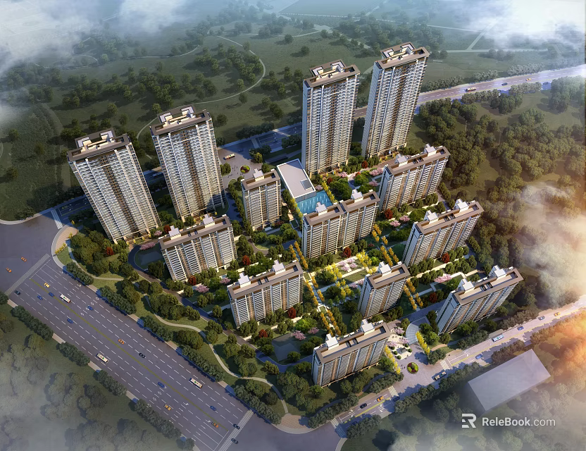 Aerial Planning of Modern Residential Complex with High Rise Buildings Greenery Roads and Central Facilities 3d model 