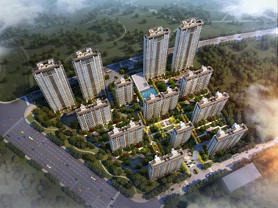 Aerial Planning of Modern Residential Complex with High Rise Buildings Greenery Roads and Central Facilities 3d model