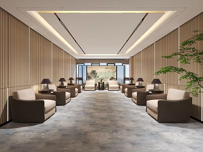 Modern Elegant Hotel Public Lounge Interior With Comfortable Sofas Lamps And Green Plants 3d model