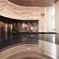 Luxurious Modern Hotel Lobby Interior With Ornate Ceiling Wavy Wall Panel And Polished Marble Flooring
