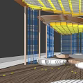 Modern Pergola Design with Yellow Blue Decorative Grilles and White Circular Seats on Wooden Floor