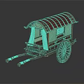 Traditional Wooden Horse Drawn Carriage With Curved Roof Curtained Windows And Spoked Wheels