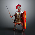 Traditional Roman Soldier in Shiny Metallic Armor Wearing Red Plumed Helmet Holding Spear and Shield