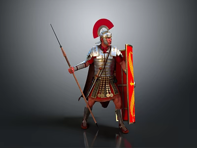 Traditional Roman Soldier in Shiny Metallic Armor Wearing Red Plumed Helmet Holding Spear and Shield 3d model