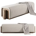 Modern Soft Beige Upholstered Sofa Stool With Solid Wood Base And Cozy Herringbone Throw Blanket