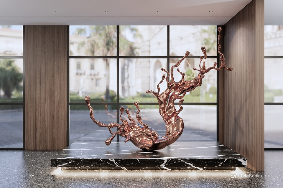 Abstract Copper Sculpture with Flowing Branch Design on Marble Pedestal in Modern Interior by Window 3d model 