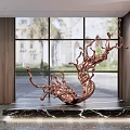 Abstract Copper Sculpture with Flowing Branch Design on Marble Pedestal in Modern Interior by Window
