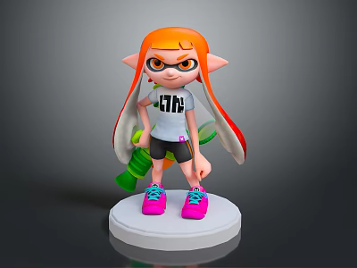 Cartoon Game Character With Orange Hair Goggles INK T-Shirt Pink Sneakers And Green Weapon 3d model