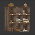Wooden Storage Shelf With Baskets Books Clay Pots And Skull Decor