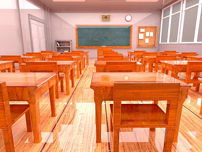 Bright School Classroom Interior Featuring Wooden Desks Chairs Blackboard Wall Clock And Windows 3d model