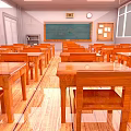 Bright School Classroom Interior Featuring Wooden Desks Chairs Blackboard Wall Clock And Windows