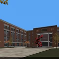 Modern School Building With Beige Facade Large Glass Windows Front Square Red Sculpture And Trees