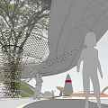 Modern Urban Plaza Landscape With Curved Roof Glass Railing Green Plants And Cone Structures