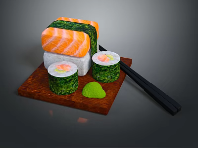 Fresh Assorted Sushi Platter With Salmon Maki And Wasabi On Wooden Plate 3d model