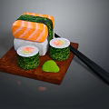 Fresh Assorted Sushi Platter With Salmon Maki And Wasabi On Wooden Plate