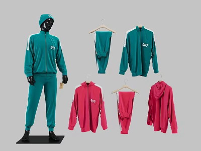 Sporty Clothes Collection With Green Pink Tracksuits Hoodies Tops And Pants On Mannequin 3d model