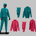 Sporty Clothes Collection With Green Pink Tracksuits Hoodies Tops And Pants On Mannequin