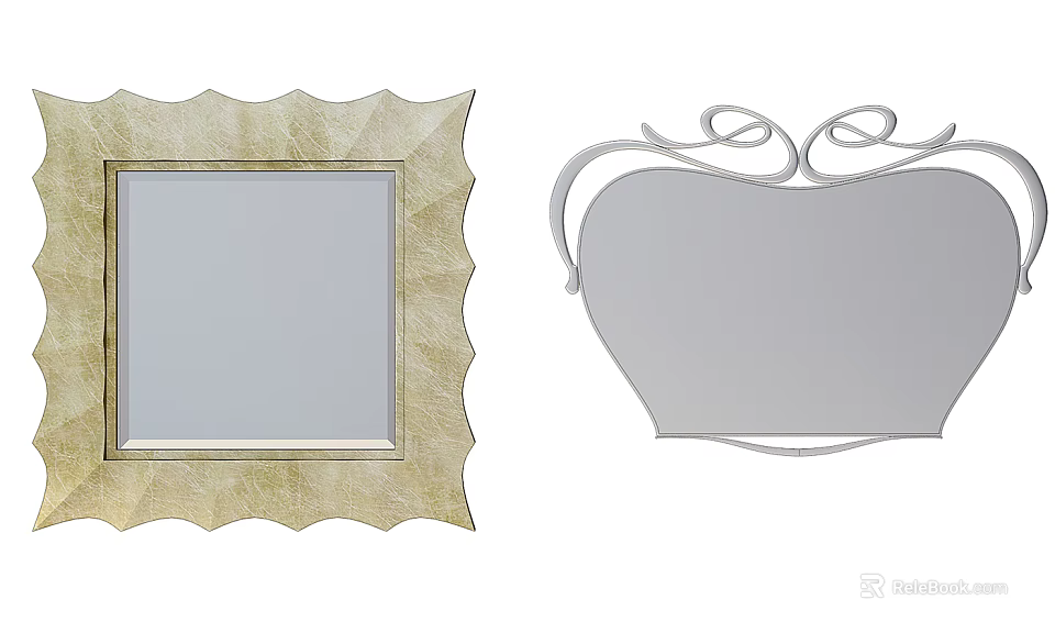 Square Mirror with Gold Wavy Frame and Irregular Mirror with White Curved Metal Frame 3d model 