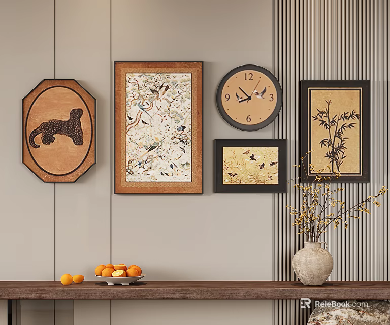 Abstract Painting Wall Display With Various Frames Clock And Wooden Table Decor 3d model
