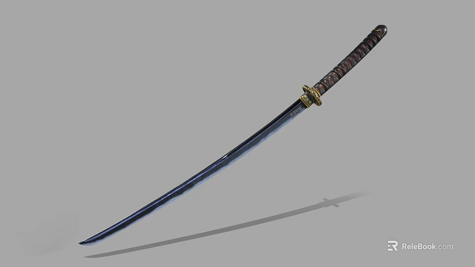 Detailed Traditional Samurai Sword With Brown Wrapped Handle Golden Fitting And Black Scabbard 3d model 