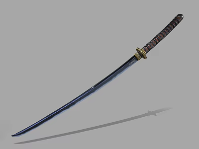 Detailed Traditional Samurai Sword With Brown Wrapped Handle Golden Fitting And Black Scabbard 3d model