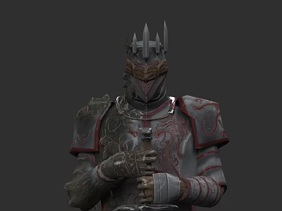 Game and Movie Character in Spiked Helmet with Intricate Armor Design Holding Weapon 3d model