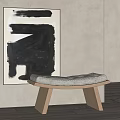 Modern Wooden Bench With Woven Cushion Against Gray Wall And Abstract Art