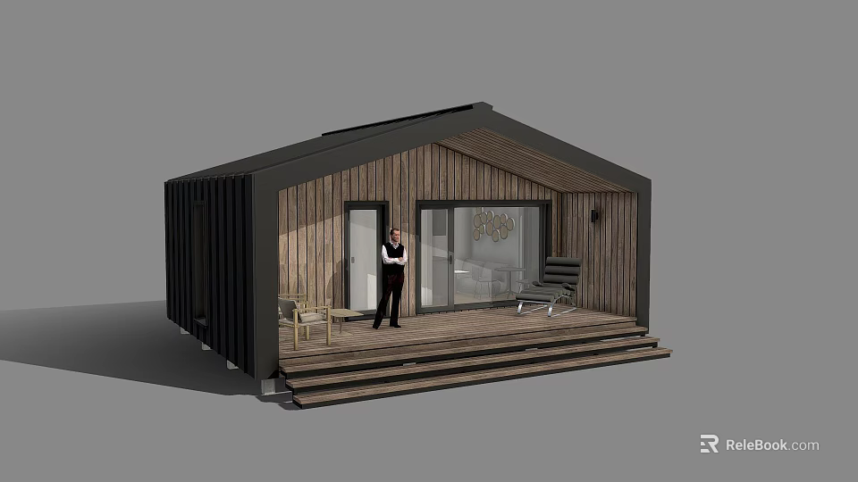 Modern Detached Villa With Wooden Exterior Black Roof Large Glass Doors And Terrace Steps 3d model 